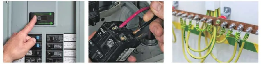 Electrical installation steps: toggling the breaker, connecting wires, and grounding.