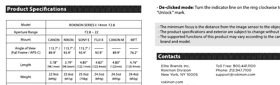 Technical specifications table