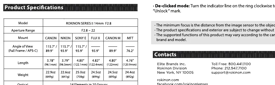Product specifications table