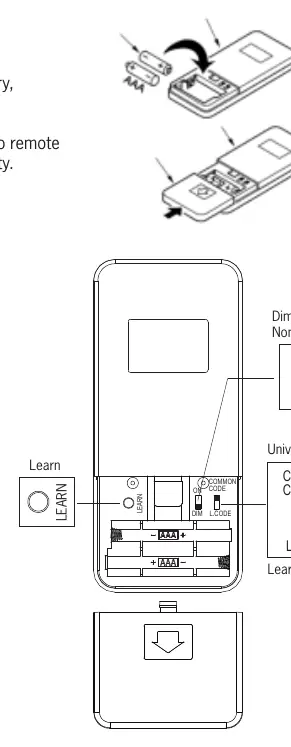 Remote control settings including dip switches and the LEARN button.