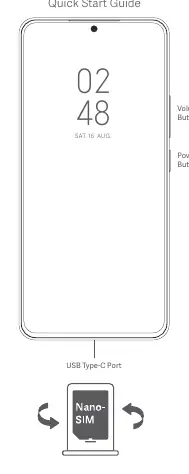 Device layout showing volume buttons, power button, USB Type-C port, and SIM card slot.