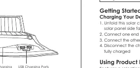 Product diagram showing the solar panels, charging compartment, and USB ports.