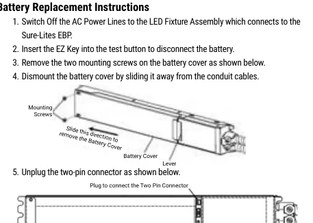 Battery replacement steps showing screw removal, cover sliding, and connector unplugging.