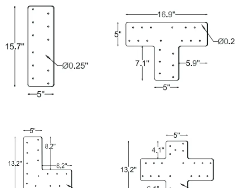 Technical dimensions and hole patterns for various mending plate configurations.