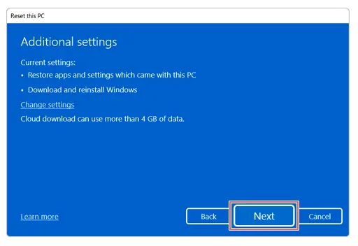 Reset this PC - Additional settings