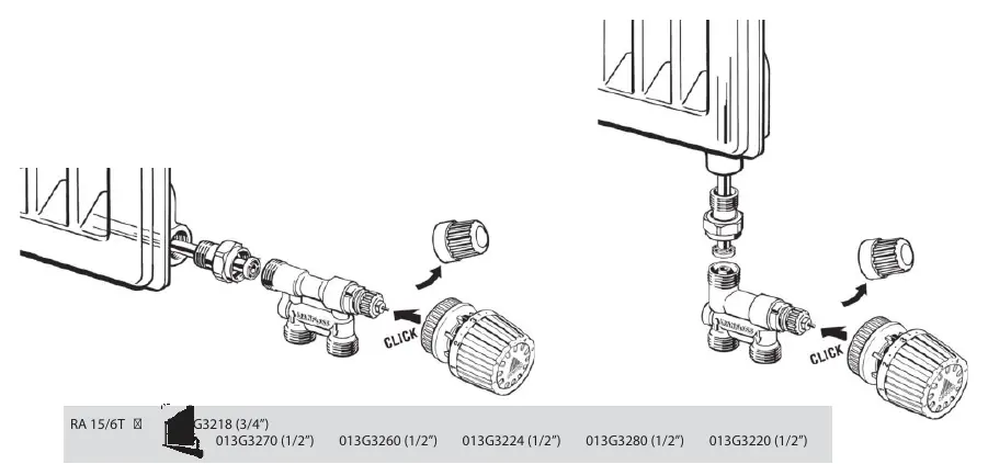 Installation process for the Danfoss conversion valve and thermostat head.