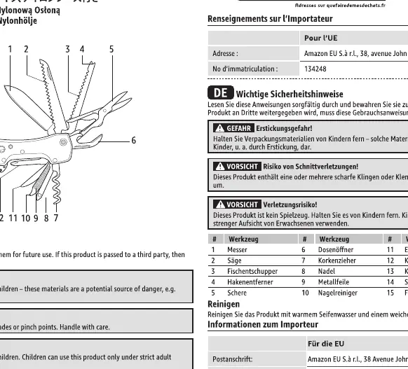 Diagram of the 15-in-1 multi-tool showing the layout of all integrated tools.