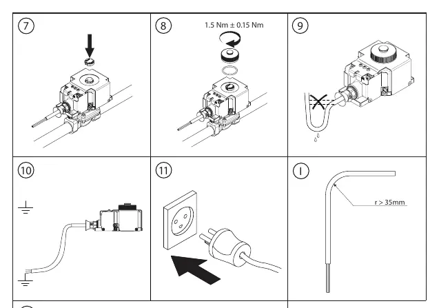 Installation steps 7-11 showing wiring, earthing, and torque application.