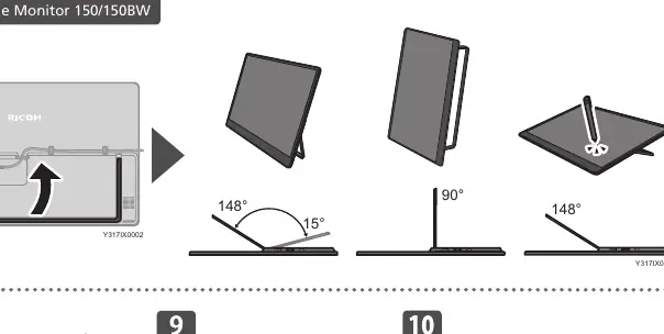 Stand angle adjustment options (15°, 90°, 148°)