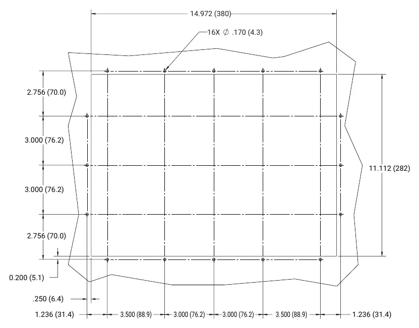 Cutout dimensions for the Touch 1500-EX.