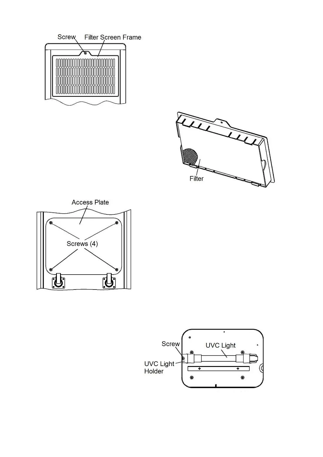 Filter and UVC lamp maintenance diagrams