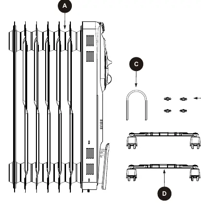 Package contents including radiator body, U-bolt, wing nuts, and castor assemblies.