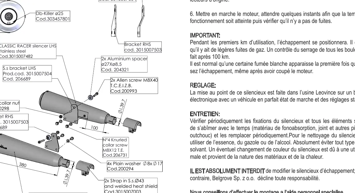 Technical assembly diagram for the Classic Racer exhaust system.