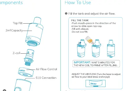Device components and filling instructions