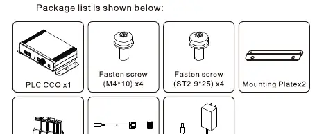 Package contents including PLC CCO, screws, mounting plates, and terminals.