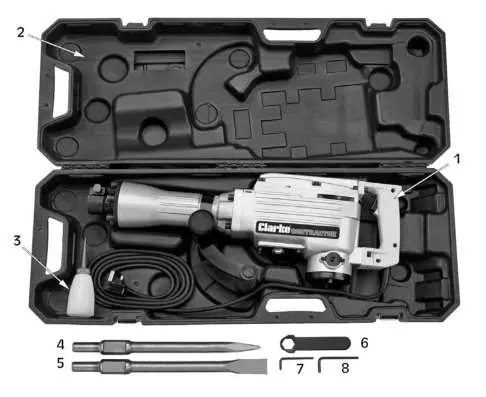 Overview of the demolition hammer and included accessories.