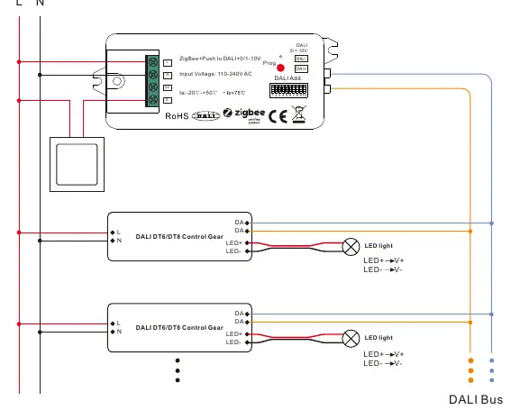 Wiring diagram for DALI output configuration.