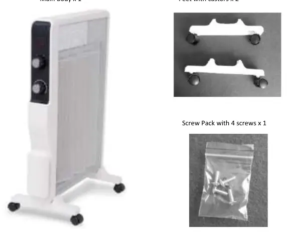Assembly parts: Main body, feet with castors, and screw pack.