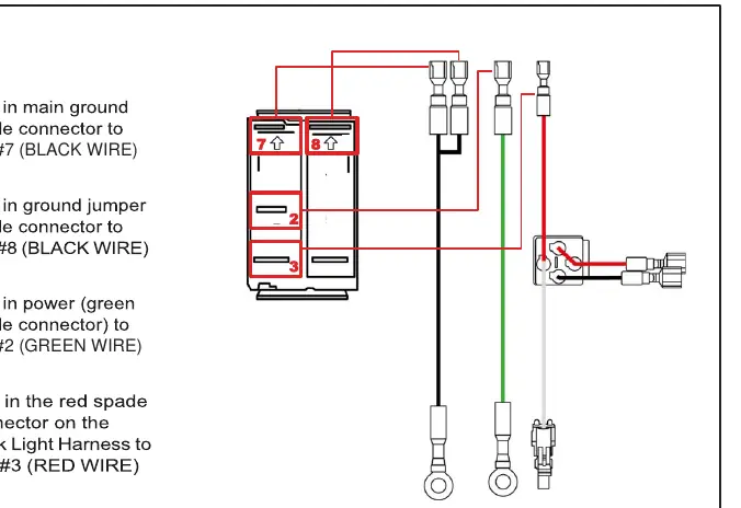 Wiring diagram for the rocker switch terminals.