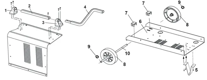 Assembly diagram for wheels and handle
