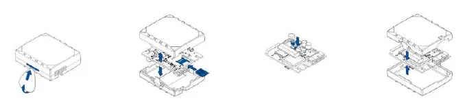Steps for cover removal, SIM insertion, and battery connection.