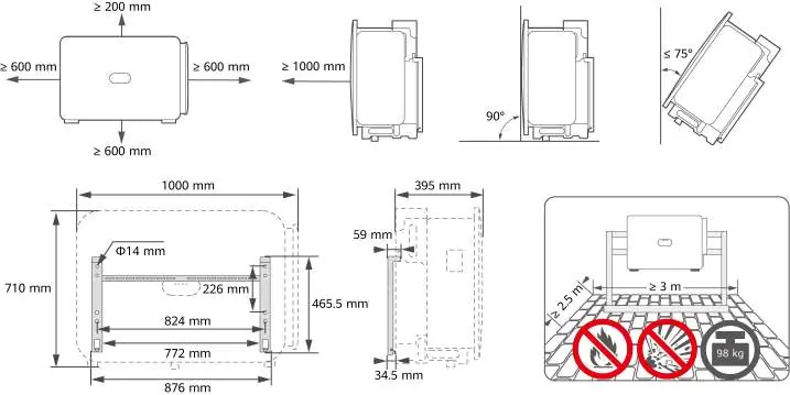 Installation clearance requirements and mounting dimensions.