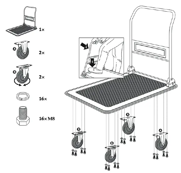 Assembly diagram showing wheel placement and folding mechanism