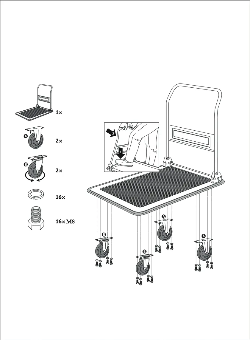 Assembly diagram showing wheel placement and folding mechanism