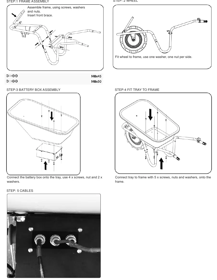 Assembly steps for frame, wheel, battery box, and tray
