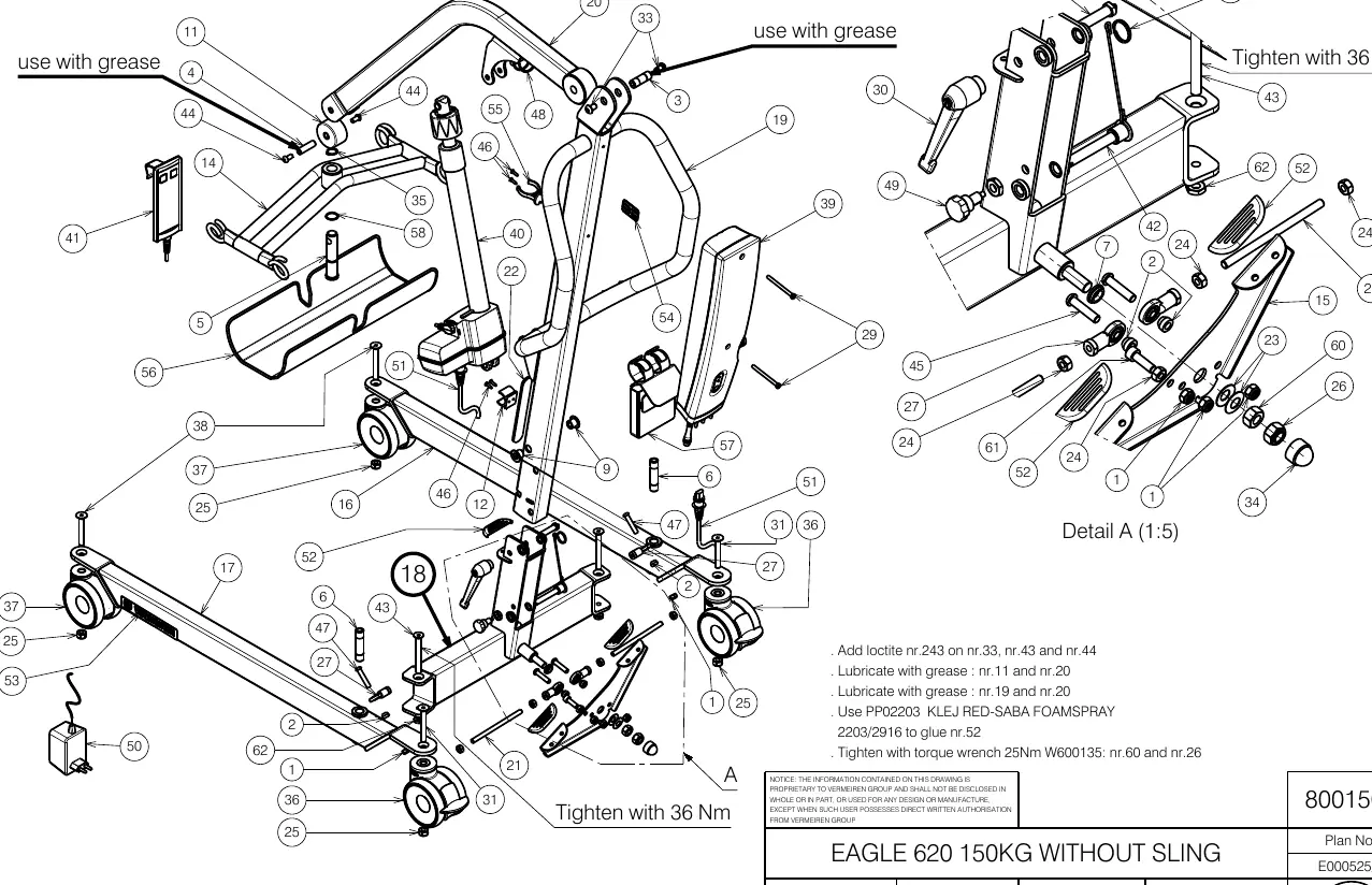 Exploded view of the EAGLE 620 150KG patient lift assembly.
