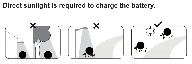 Placement guide showing correct (sunlight) and incorrect (shaded) locations.
