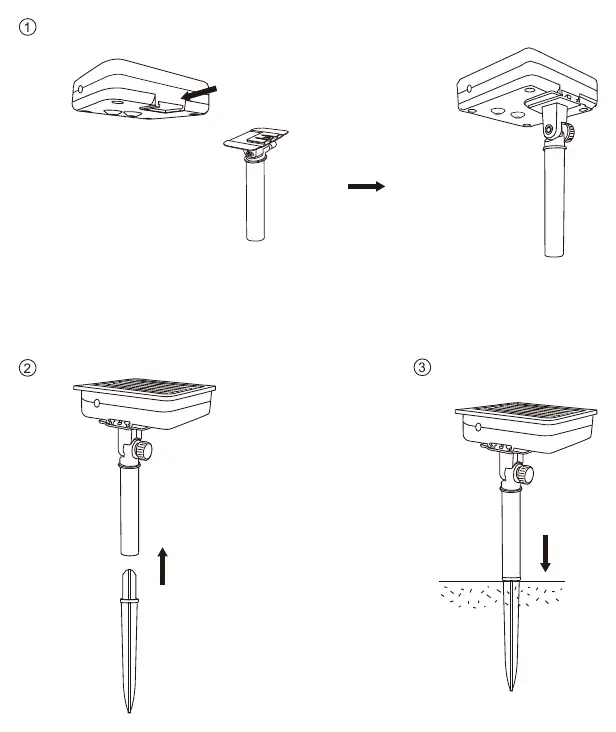 Assembly steps for attaching the spike to the solar panel and installing in the ground.