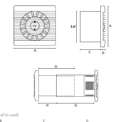 Dimensions diagram for panel and wall mounting
