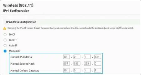 Manual IP configuration settings
