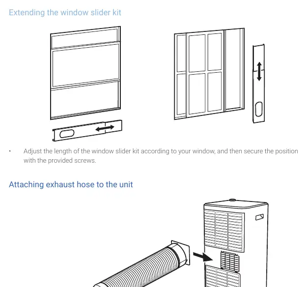 Adjusting the window slider kit length and attaching the exhaust hose to the air conditioner unit.