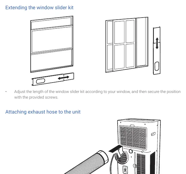 Adjusting the window slider kit length and attaching the exhaust hose to the rear of the unit.