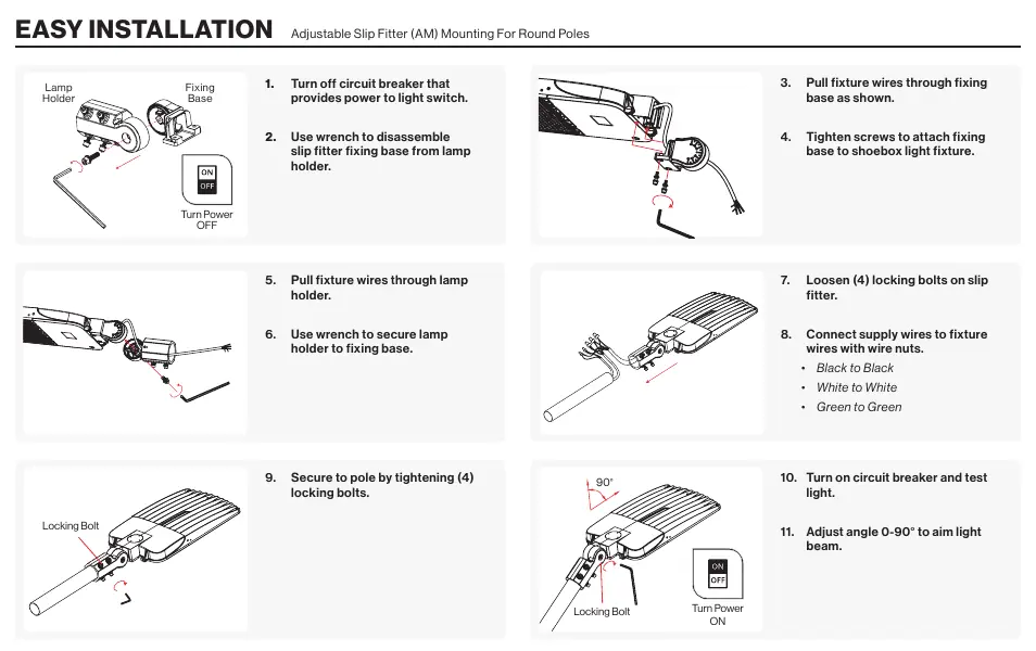 Step-by-step installation process for the shoebox light fixture.