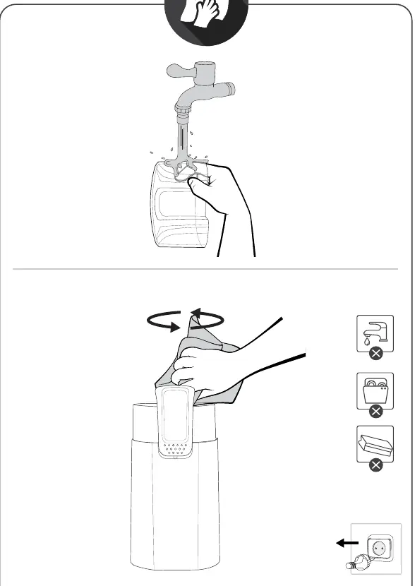 Cleaning prohibitions: do not use water, dishwasher, or abrasive sponges.