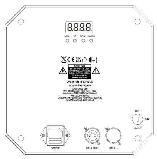 Rear panel layout showing controls, ports, and laser key