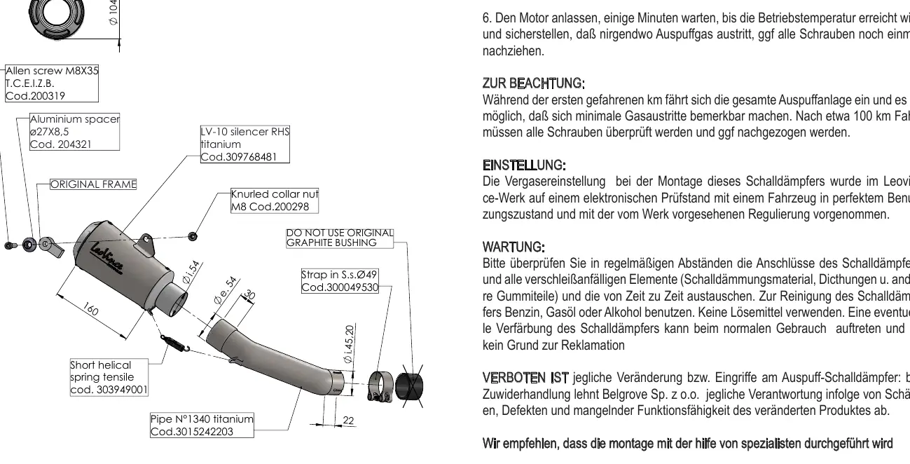 Technical assembly diagram for the LV-10 Titanium slip-on exhaust.