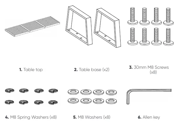 List of components included with the bench