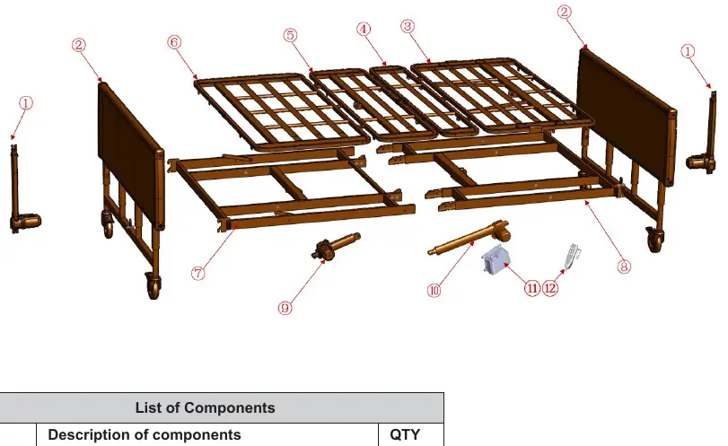 Exploded view of the bed frame components