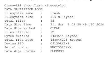 Example output of the show flash wipeout-log command
