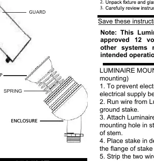 Luminaire assembly diagram showing the guard, lamp, spring, and enclosure components.