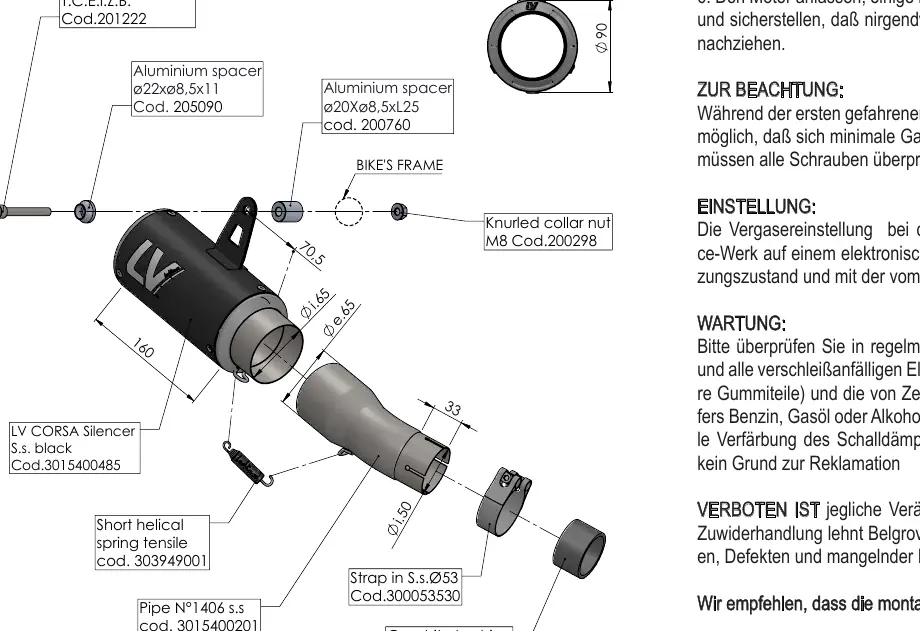 Technical assembly diagram for the LV Corsa exhaust system