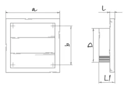 Dimensional diagram of the Blauberg Decor 155x155/UG grille.