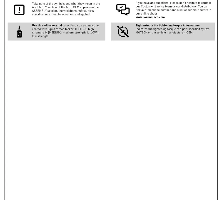 Explanation of assembly symbols, including thread locker application and torque specifications.