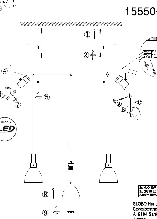 Installation diagram for the Globo 15550-3H lamp