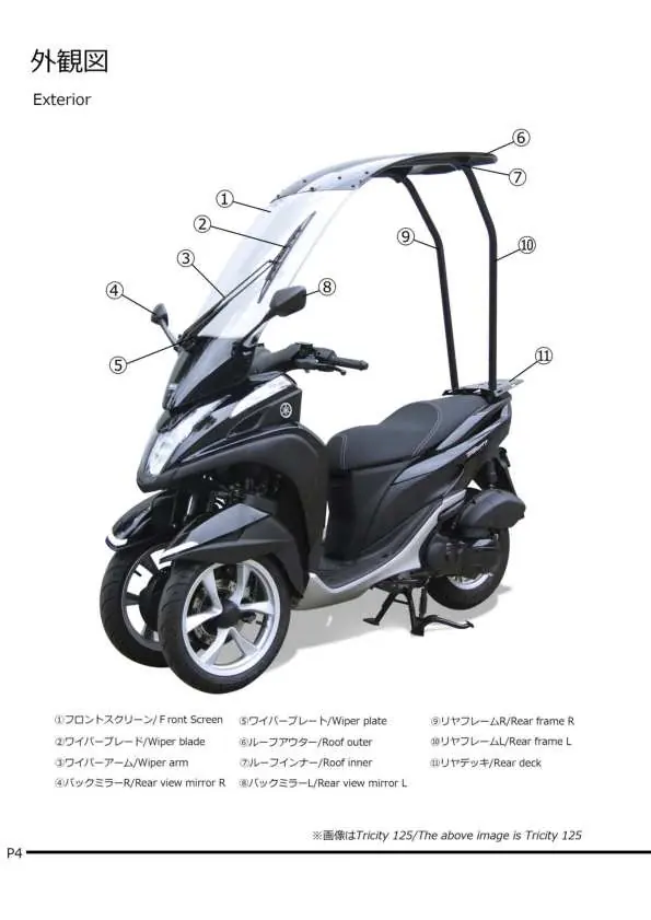 Exterior view of the SLR roof kit installed on a Yamaha Tricity.