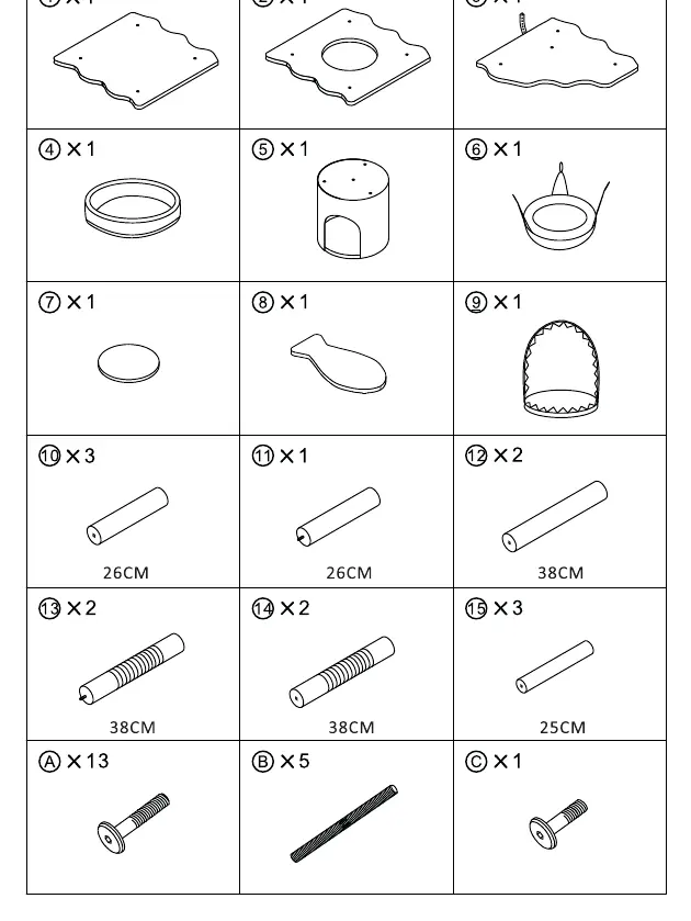 Parts list for the cat tree